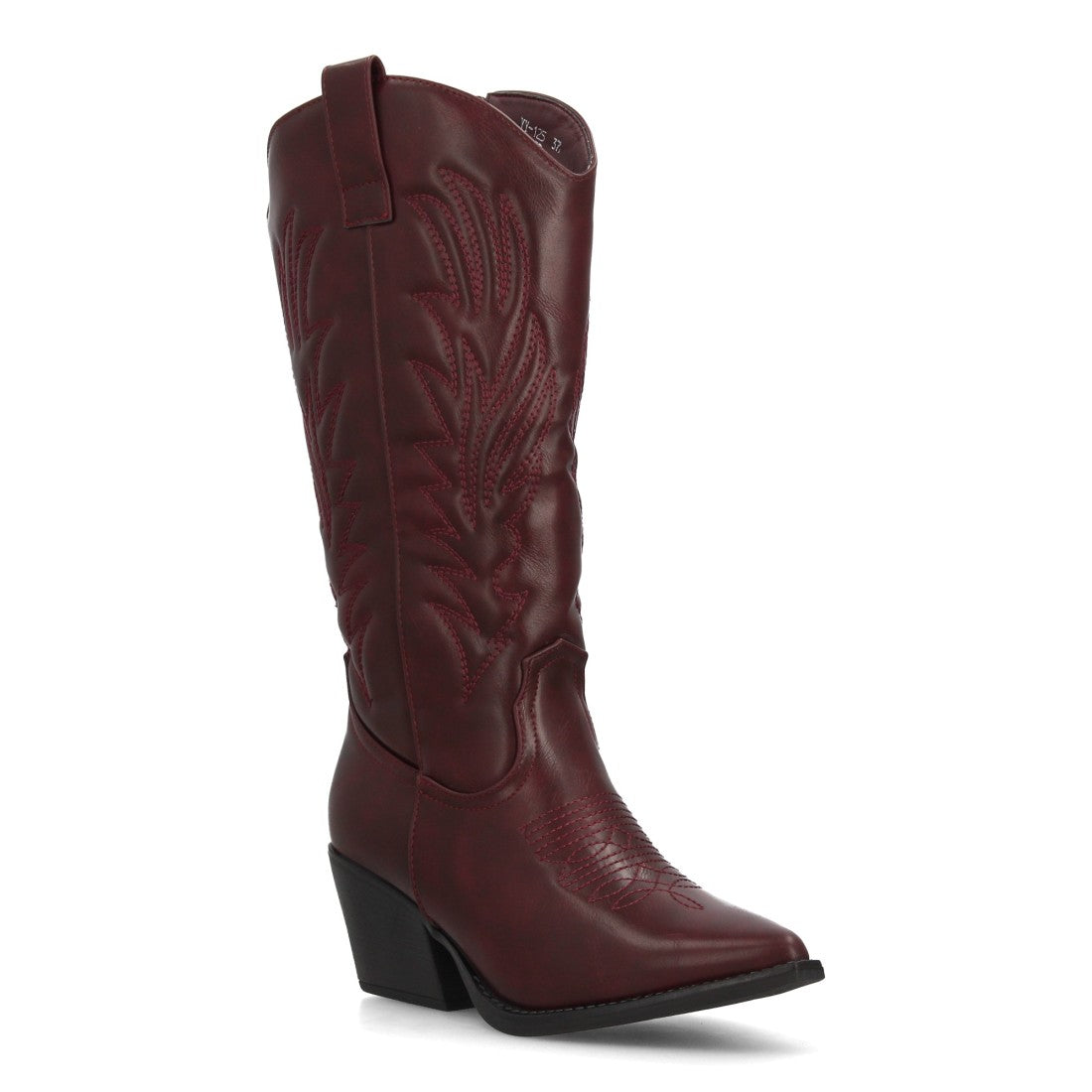 Bota alta cowboy burdeos con bordados ornamentales y tacón campero
