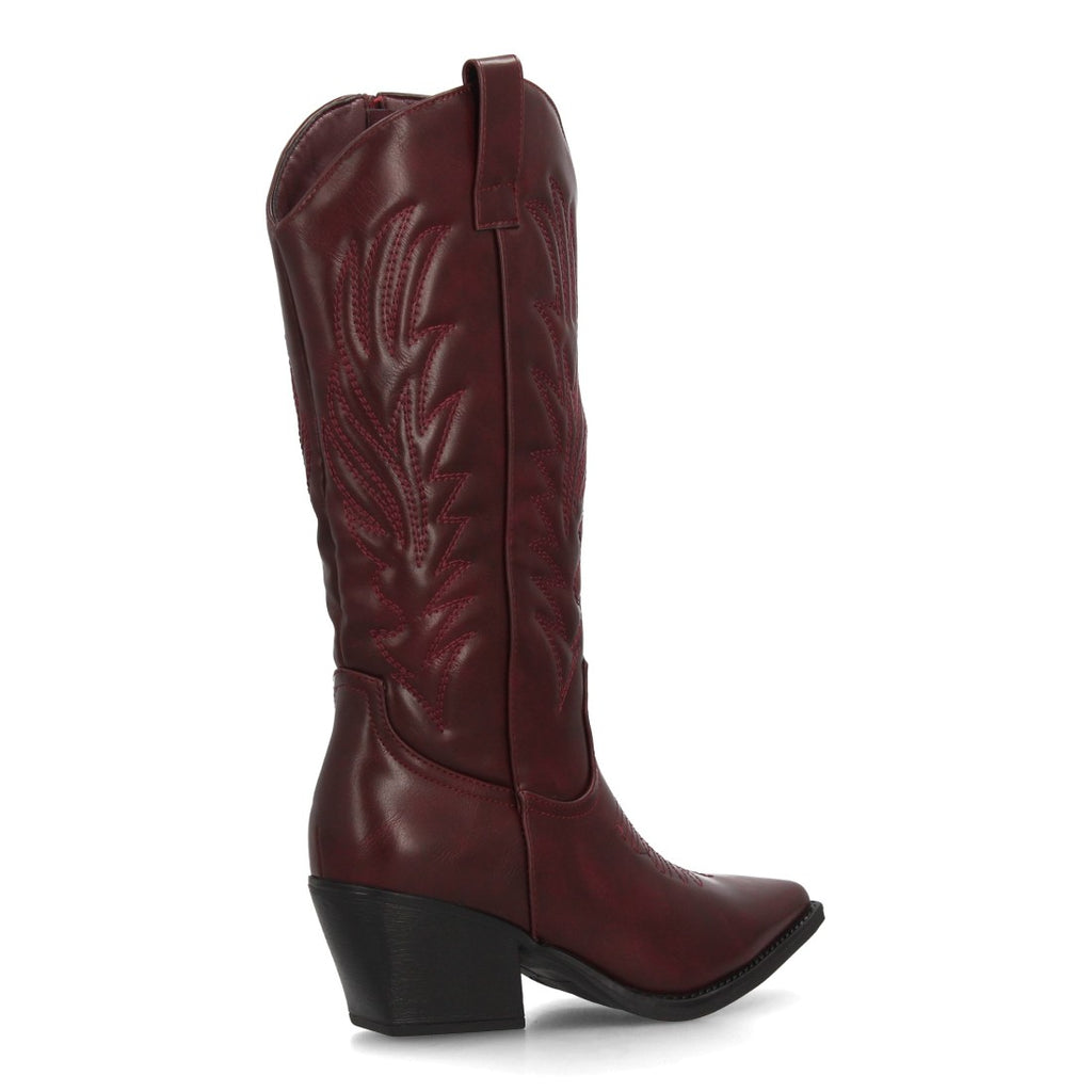 Bota alta cowboy burdeos con bordados ornamentales y tacón campero