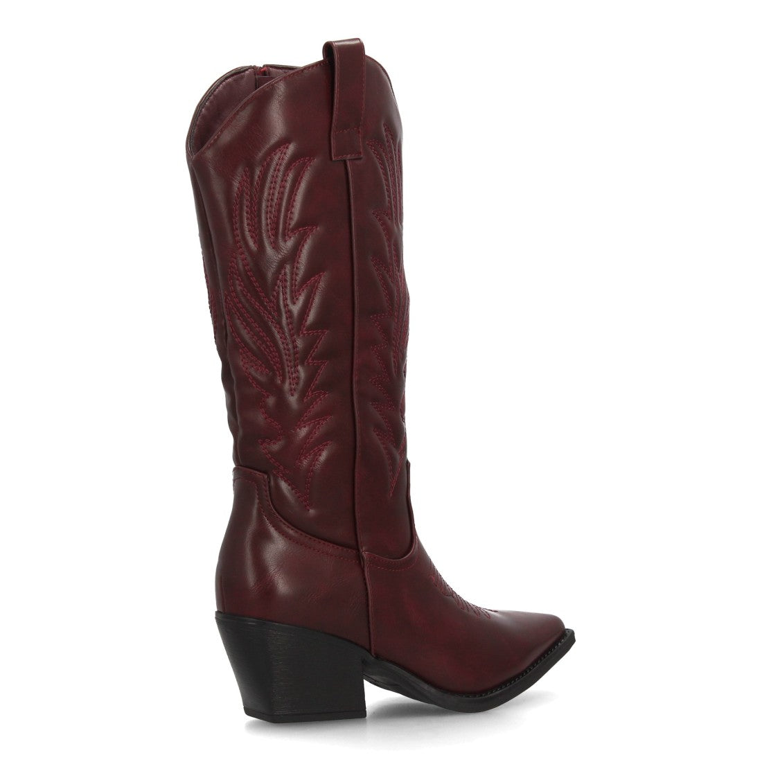Bota alta cowboy burdeos con bordados ornamentales y tacón campero