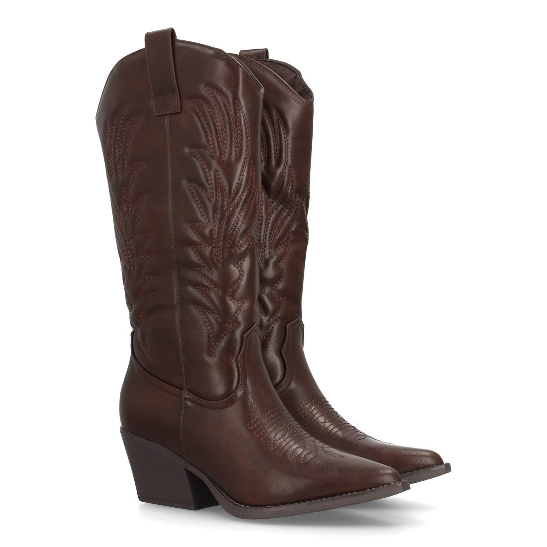 Bota alta estilo cowboy marrón con bordados tradicionales y punta fina
