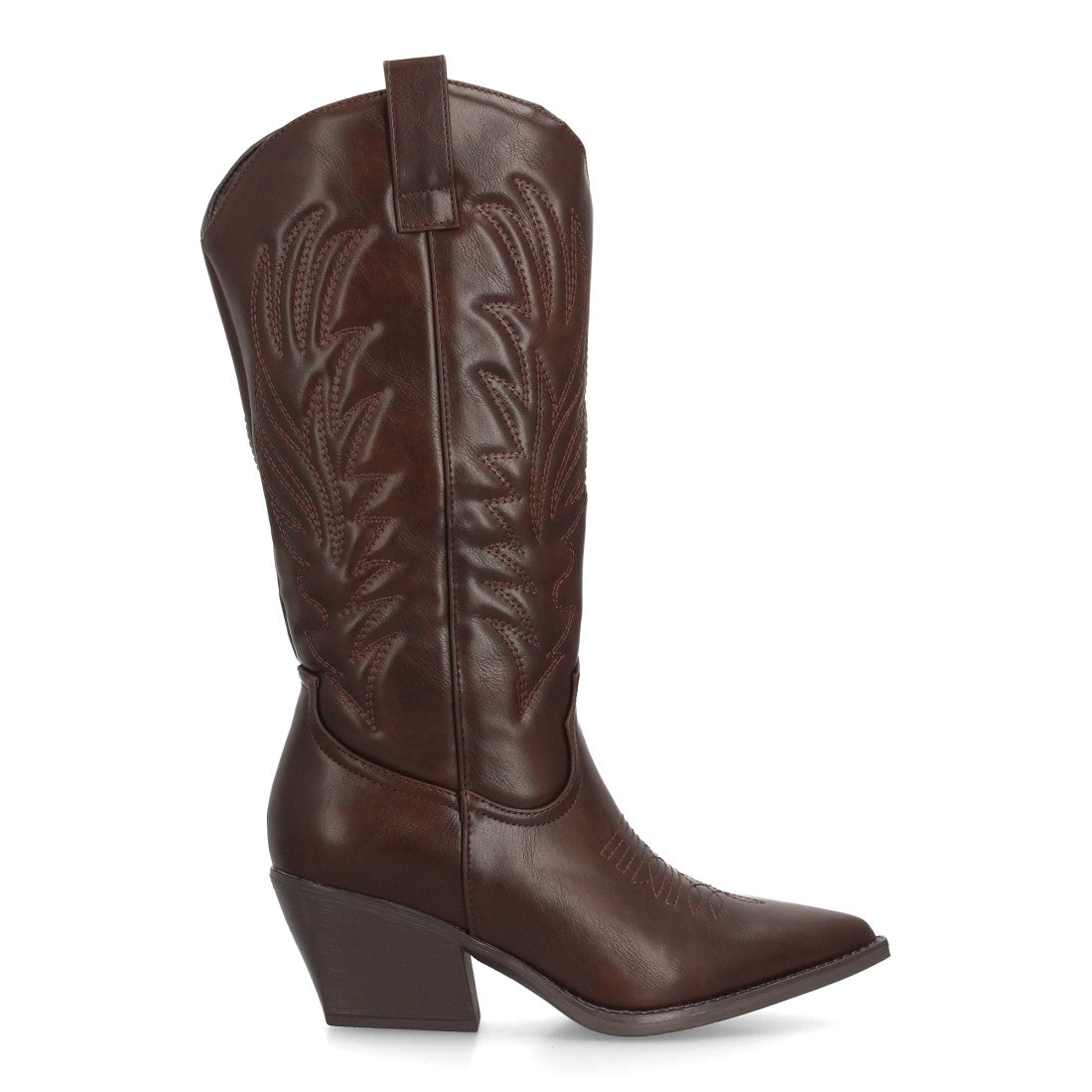 Bota alta estilo cowboy marrón con bordados tradicionales y punta fina