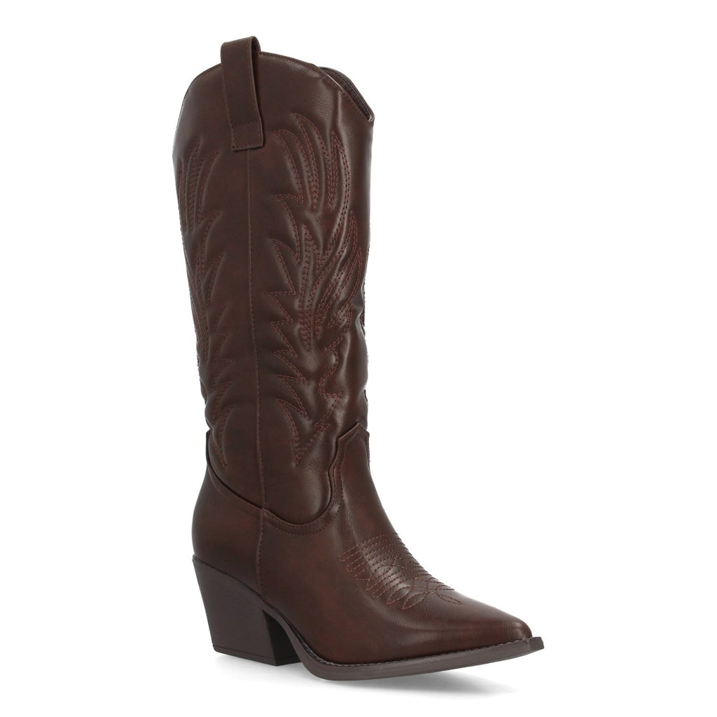 Bota alta estilo cowboy marrón con bordados tradicionales y punta fina