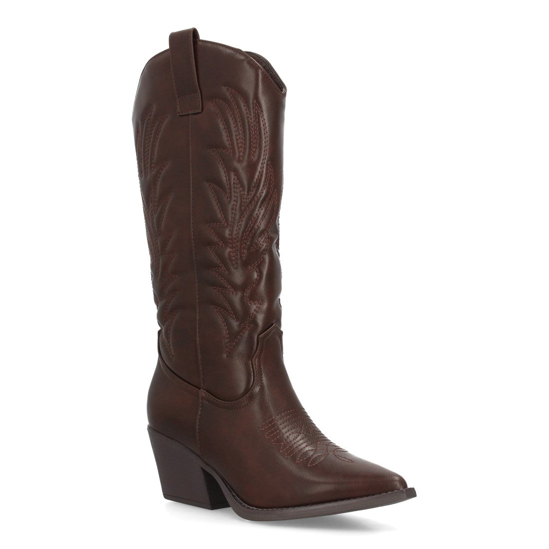 Bota alta estilo cowboy marrón con bordados tradicionales y punta fina