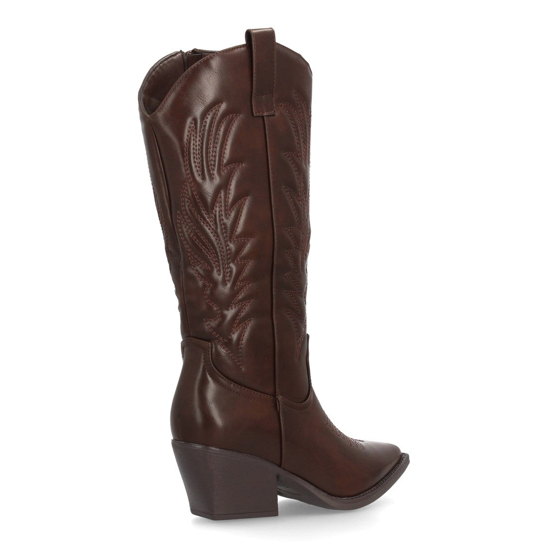 Bota alta estilo cowboy marrón con bordados tradicionales y punta fina