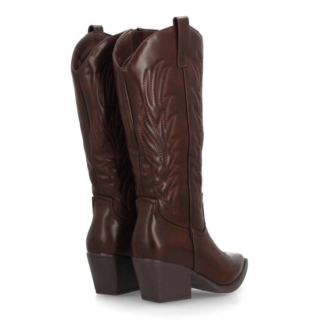 Bota alta estilo cowboy marrón con bordados tradicionales y punta fina