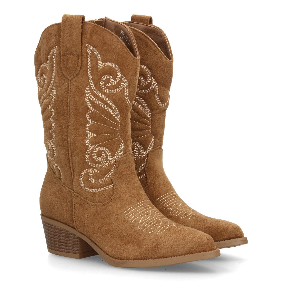 Bota alta vaquera de cuero marrón con bordados tradicionales western