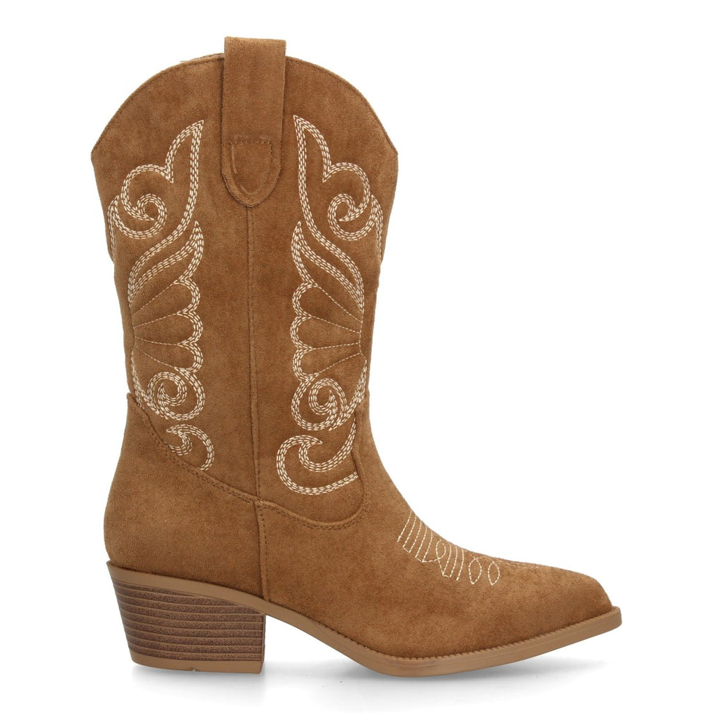 Bota alta vaquera de cuero marrón con bordados tradicionales western