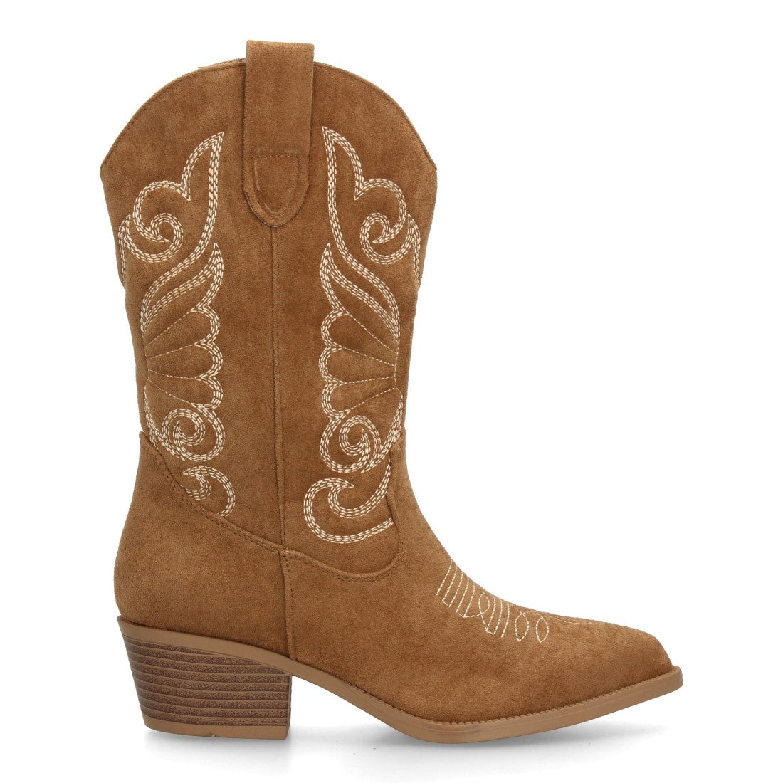 Bota alta vaquera de cuero marrón con bordados tradicionales western