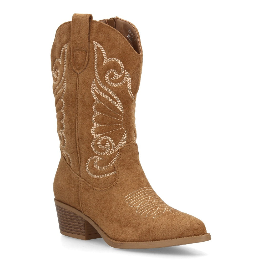 Bota alta vaquera de cuero marrón con bordados tradicionales western