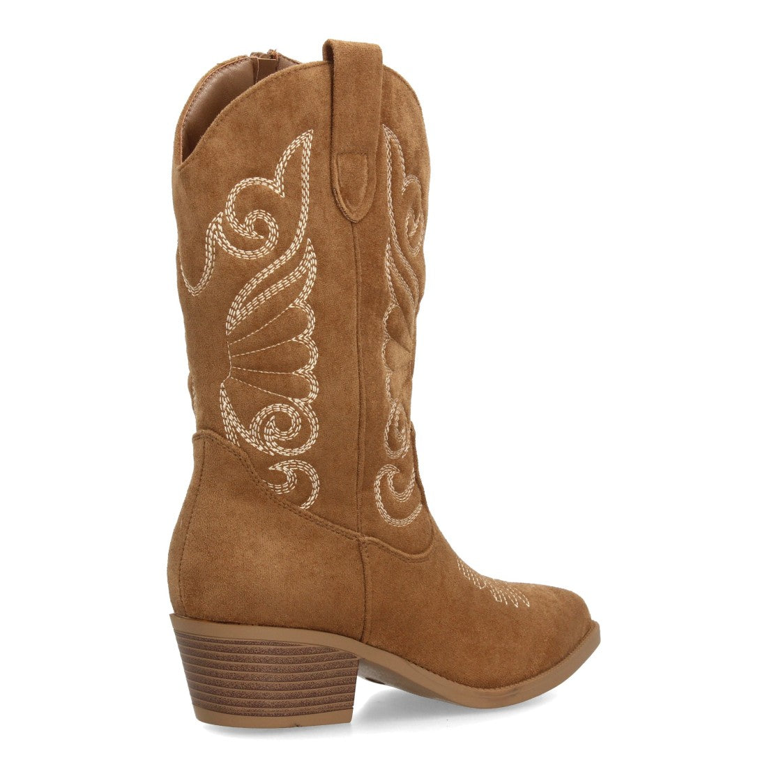 Bota alta vaquera de cuero marrón con bordados tradicionales western