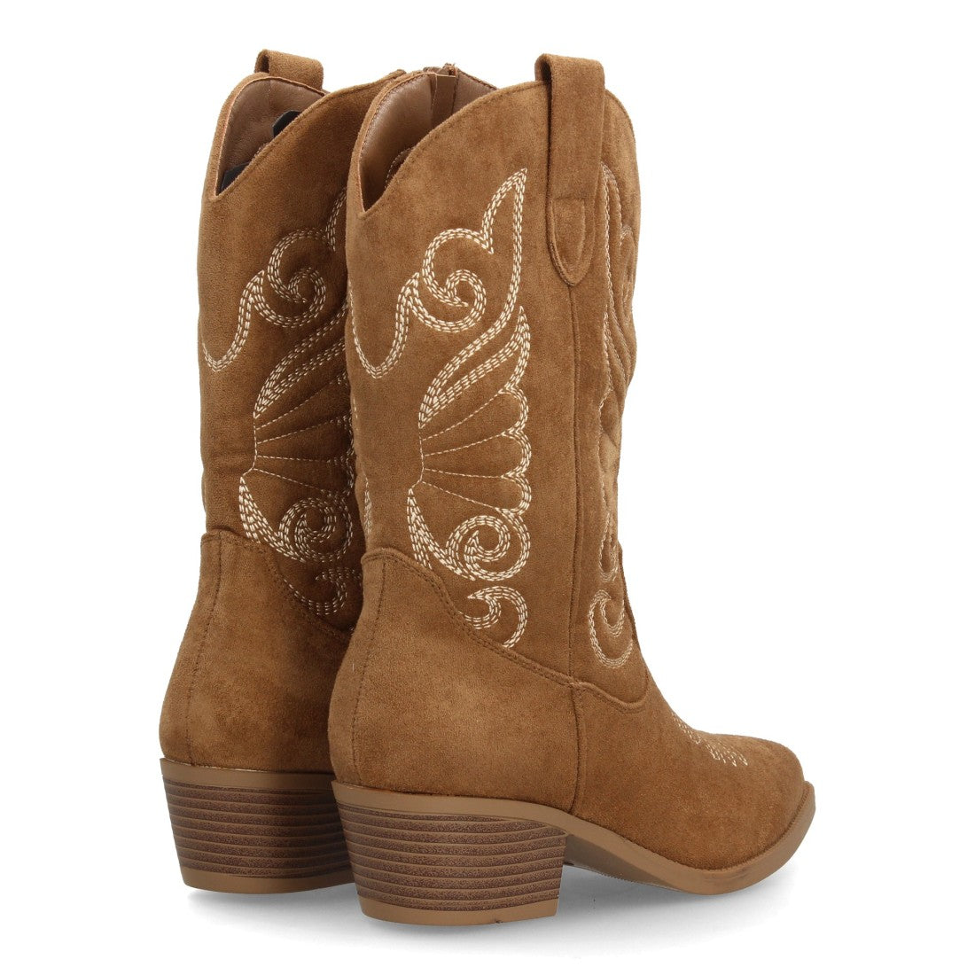 Bota alta vaquera de cuero marrón con bordados tradicionales western