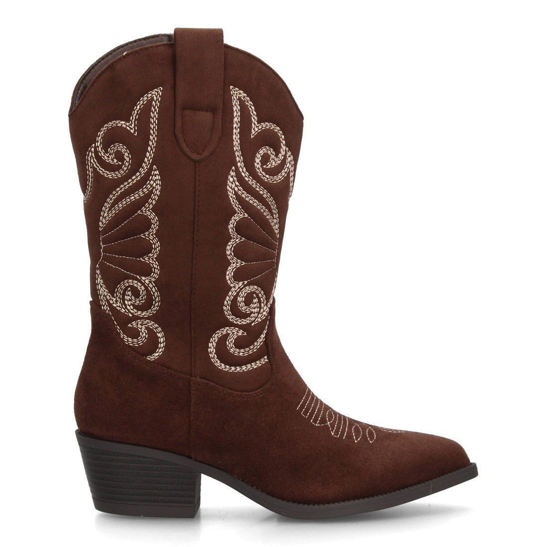 Bota alta estilo cowboy en color café con bordados y tacón ancho