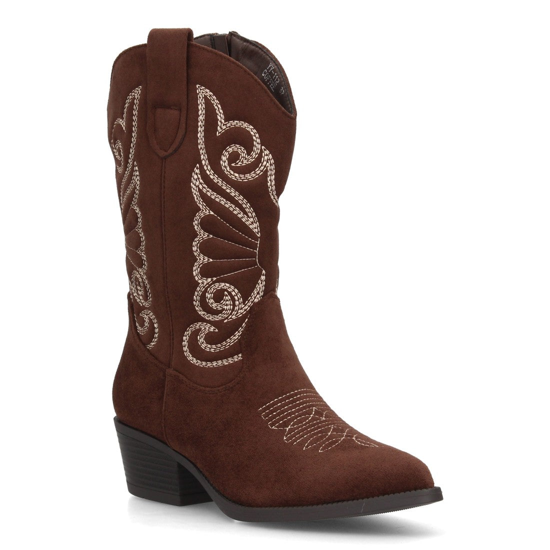 Bota alta estilo cowboy en color café con bordados y tacón ancho