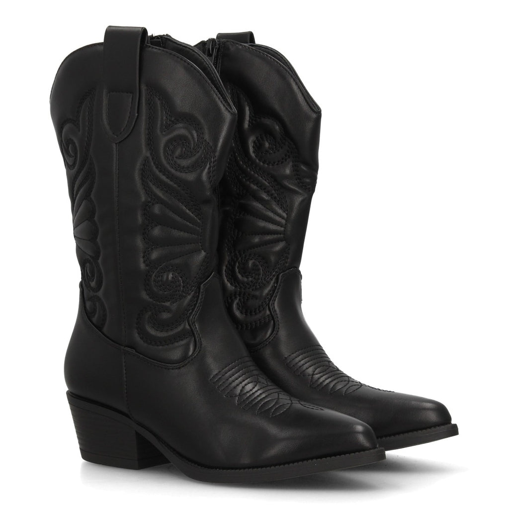 Bota alta estilo cowboy en color negro con bordados western en la caña