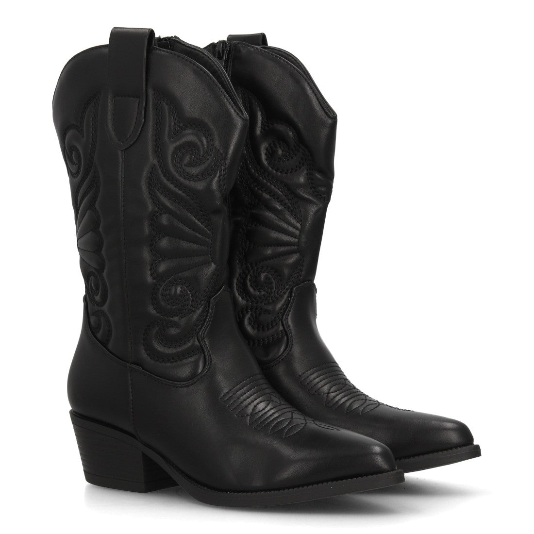 Bota alta estilo cowboy en color negro con bordados western en la caña