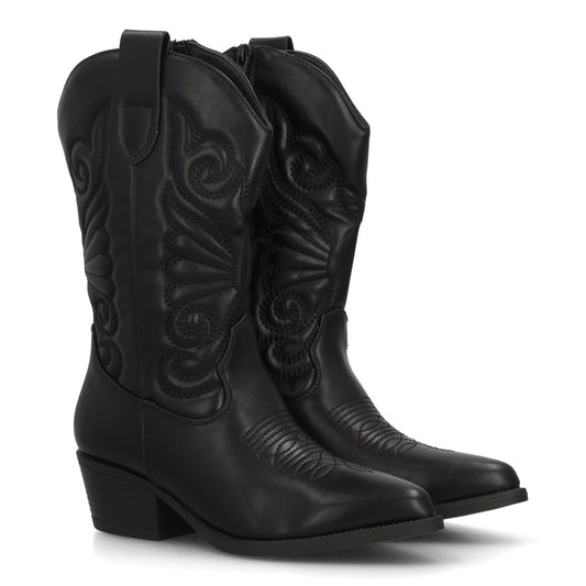 Bota alta estilo cowboy en color negro con bordados western en la caña