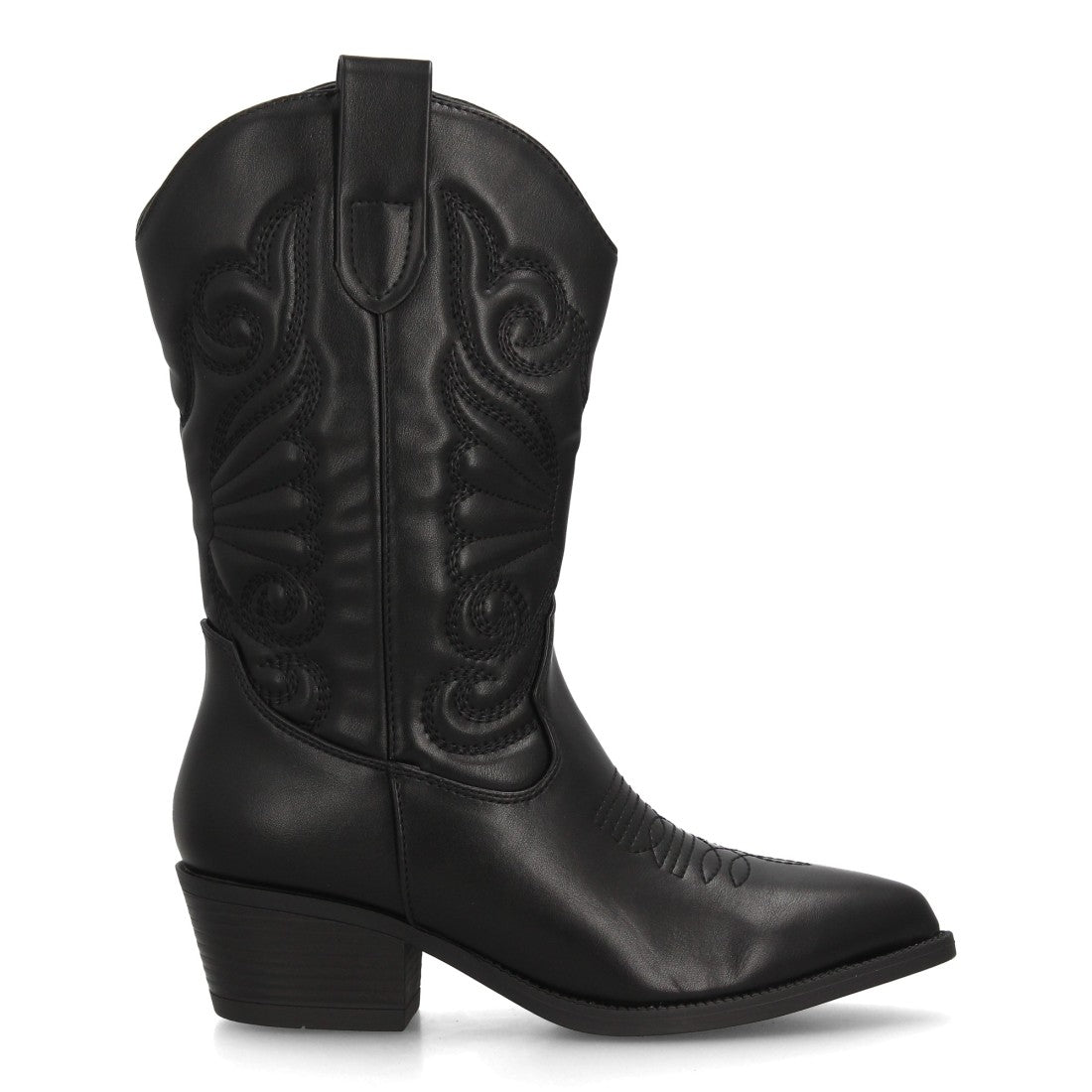 Bota alta estilo cowboy en color negro con bordados western en la caña