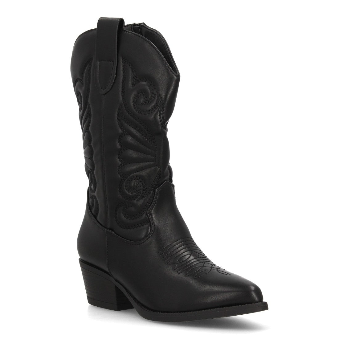 Bota alta estilo cowboy en color negro con bordados western en la caña