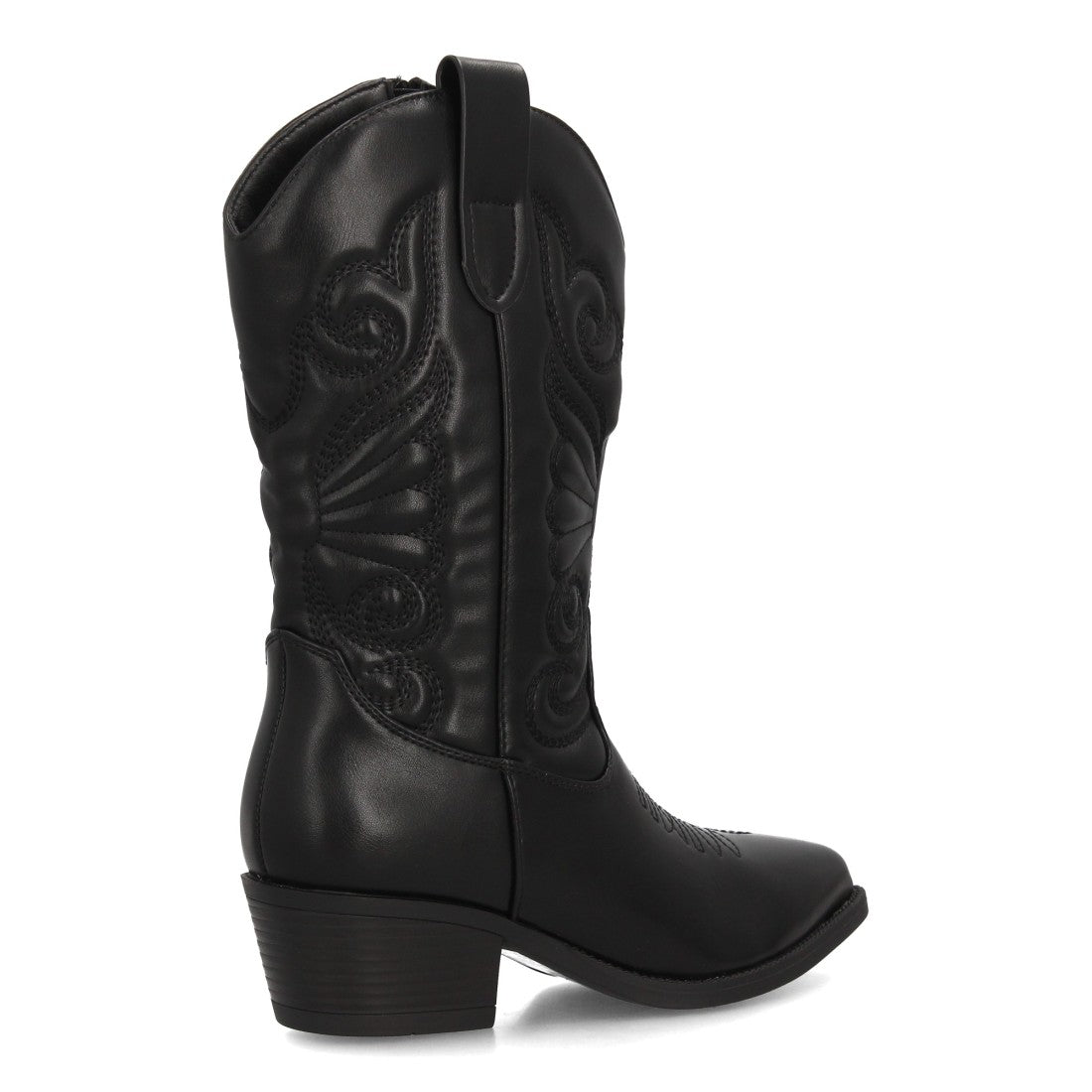 Bota alta estilo cowboy en color negro con bordados western en la caña