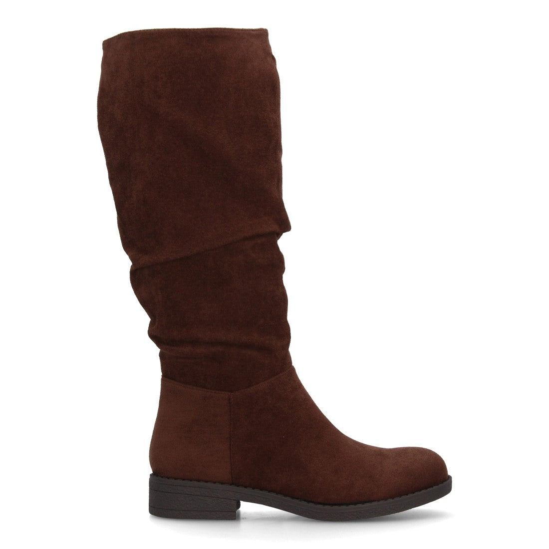 Bota alta café para mujer con diseño de caña arrugada y cremallera lateral