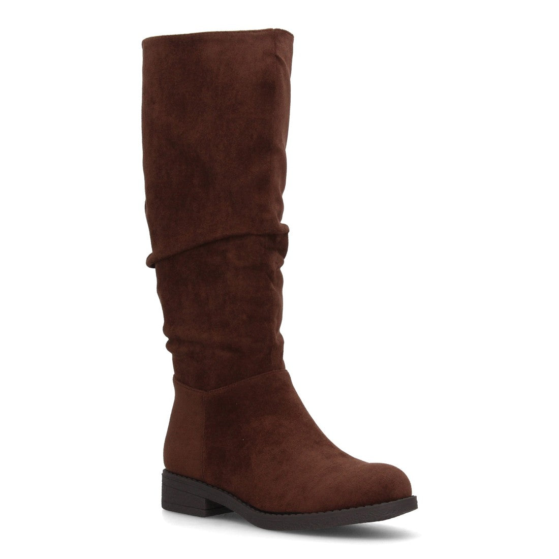 Bota alta café para mujer con diseño de caña arrugada y cremallera lateral
