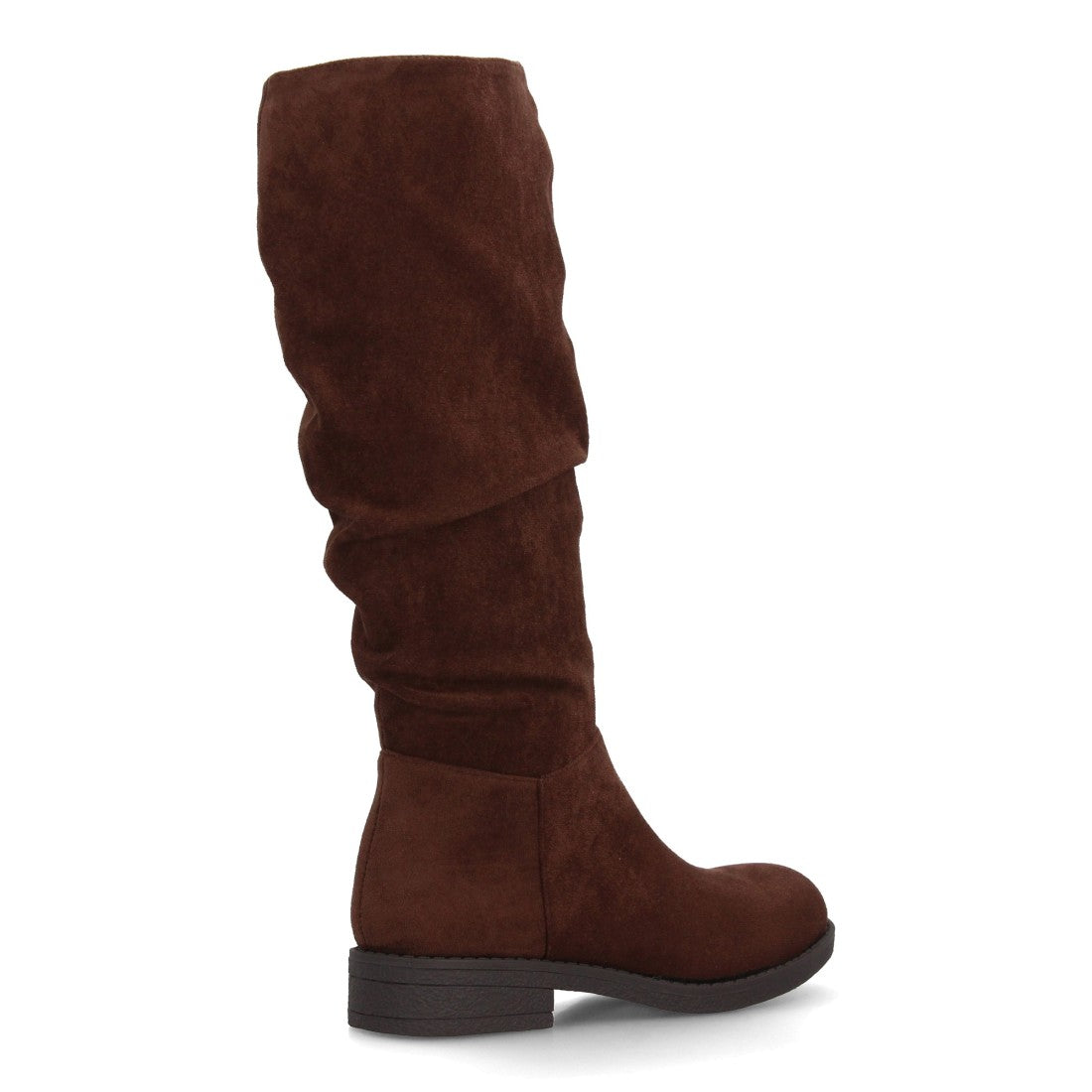 Bota alta café para mujer con diseño de caña arrugada y cremallera lateral