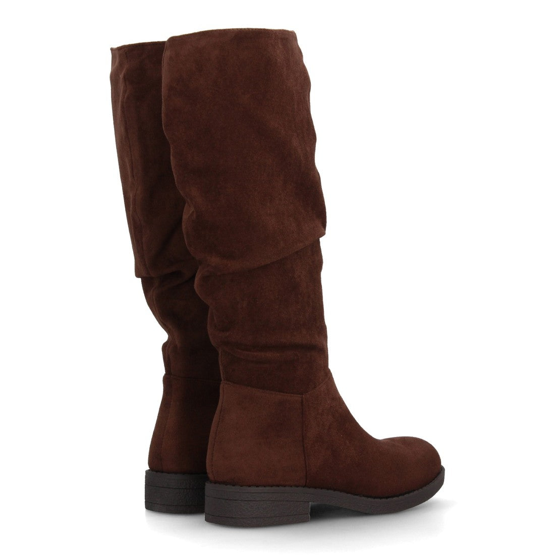 Bota alta café para mujer con diseño de caña arrugada y cremallera lateral