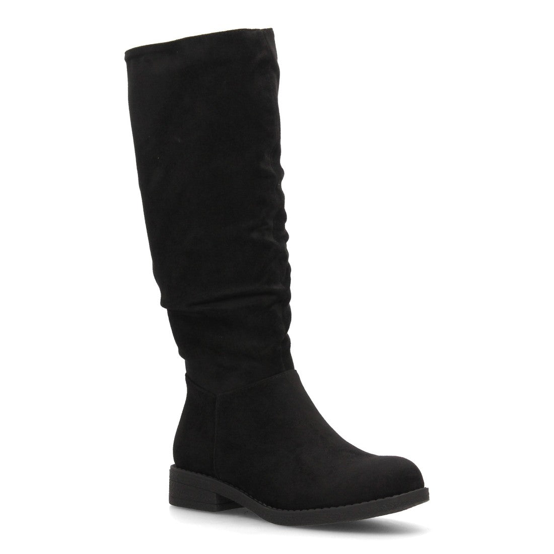 Bota alta negra con diseño de caña arrugada y cierre de cremallera