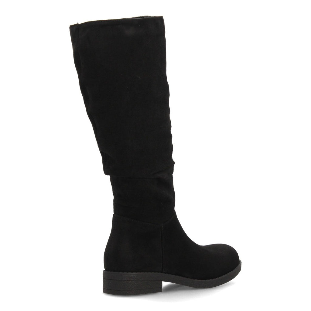 Bota alta negra con diseño de caña arrugada y cierre de cremallera