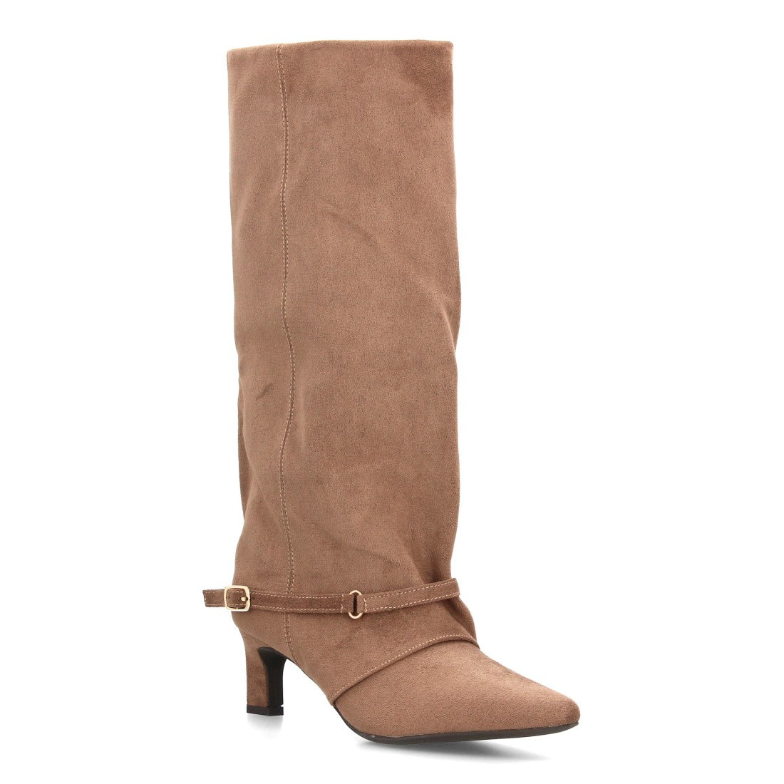 Alta verde kaki para mujer con caña recta, adorno de hebilla y tacón fino
