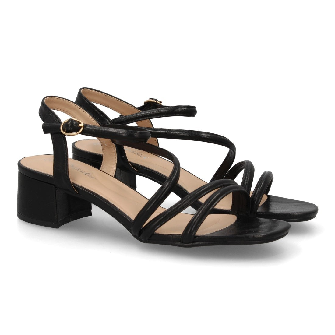 Sandalias de fiesta negras con tiras cruzadas y tacón ancho