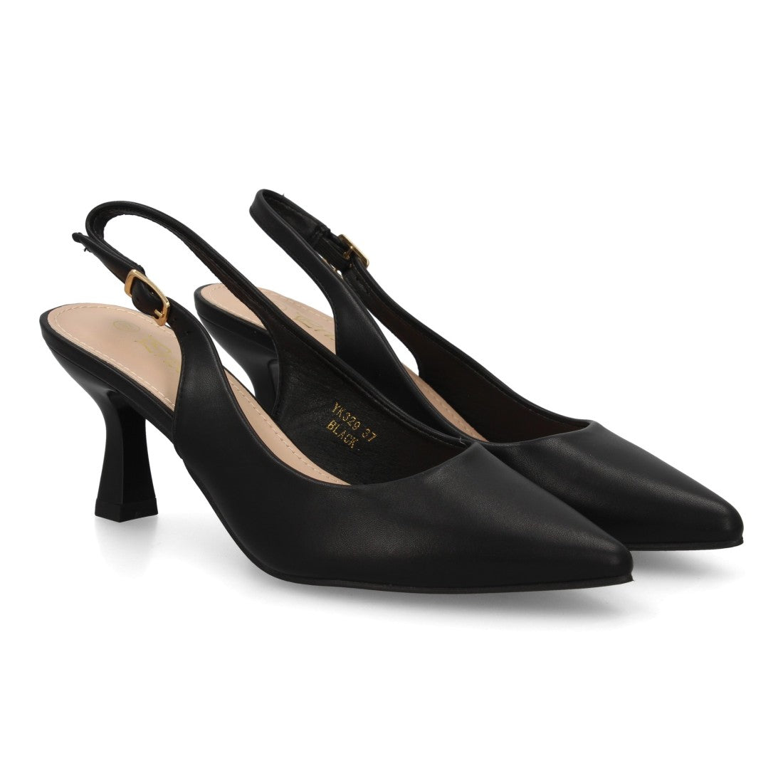 Zapatos de salón destalonados negros con punta fina y hebilla regulable