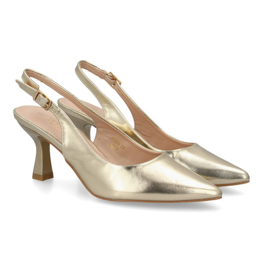 Zapatos de salón destalonados dorados con punta fina y cierre de hebilla