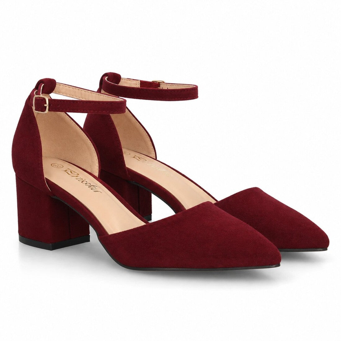 Zapatos de salón color burdeos con laterales abiertos y tira al tobillo