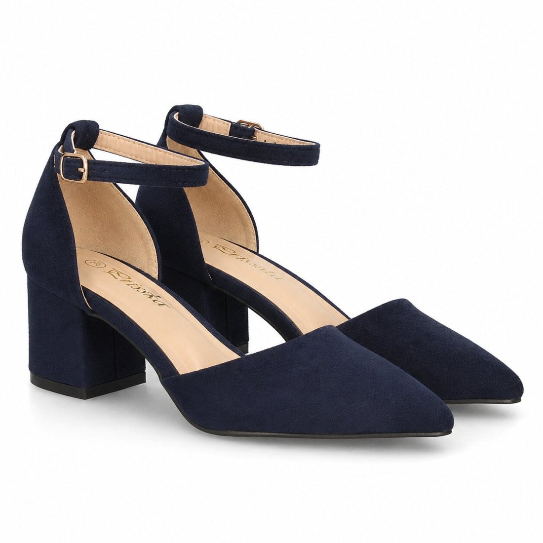 Zapatos de salón azul marino con laterales abiertos y cierre de hebilla