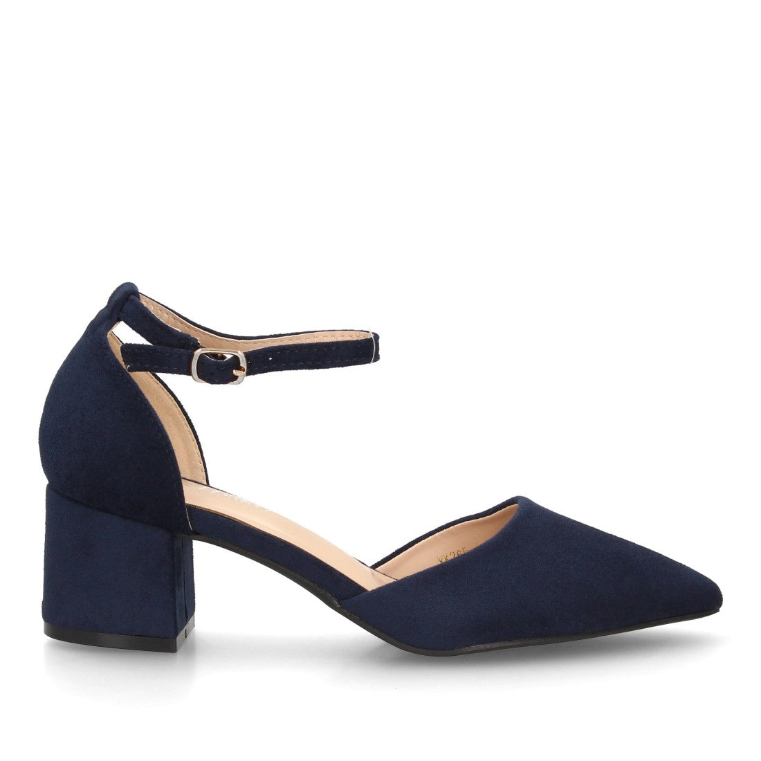 Zapatos de salón azul marino con laterales abiertos y cierre de hebilla