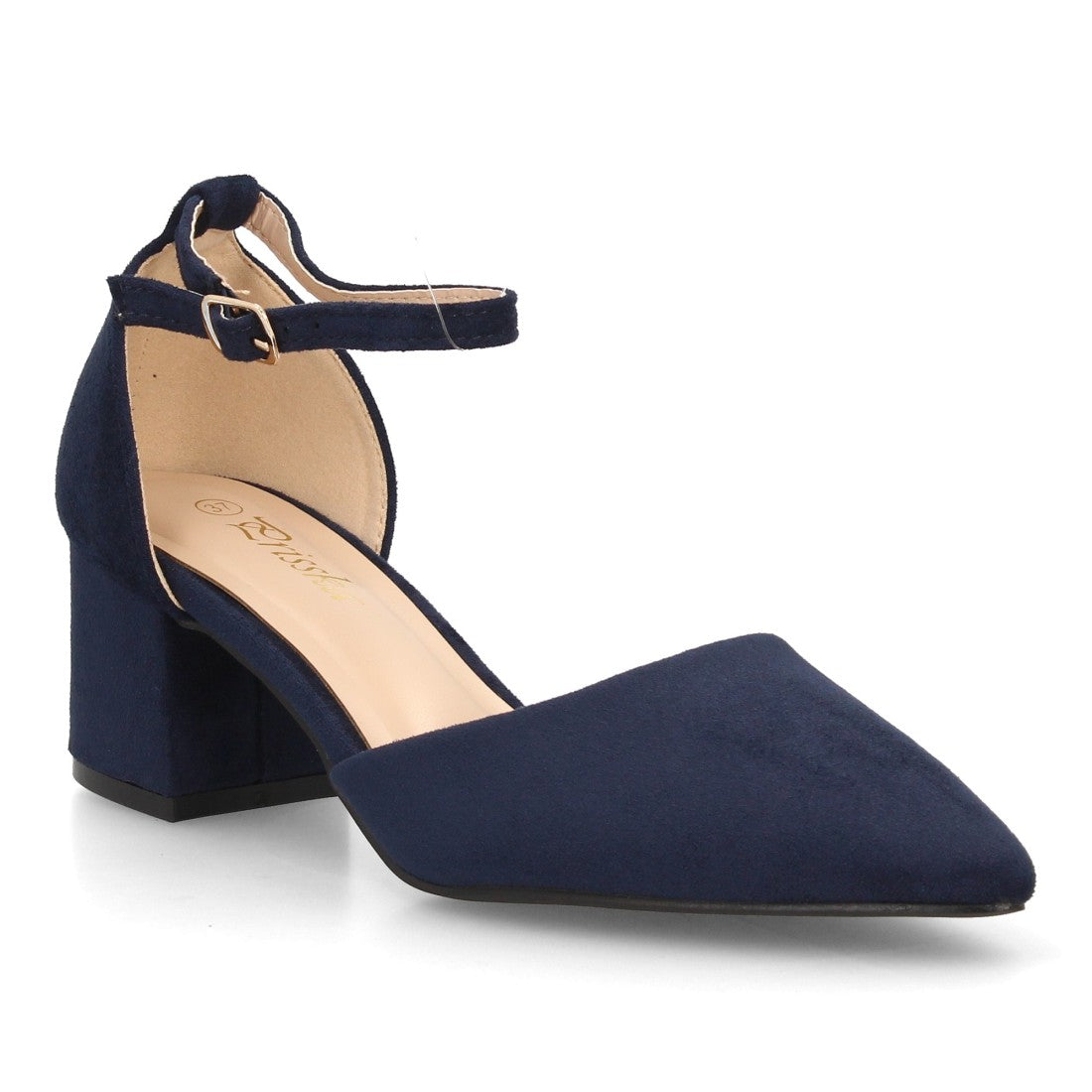 Zapatos de salón azul marino con laterales abiertos y cierre de hebilla