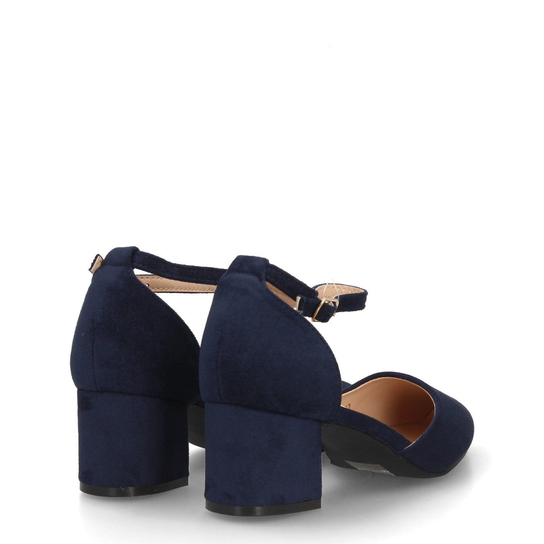 Zapatos de salón azul marino con laterales abiertos y cierre de hebilla