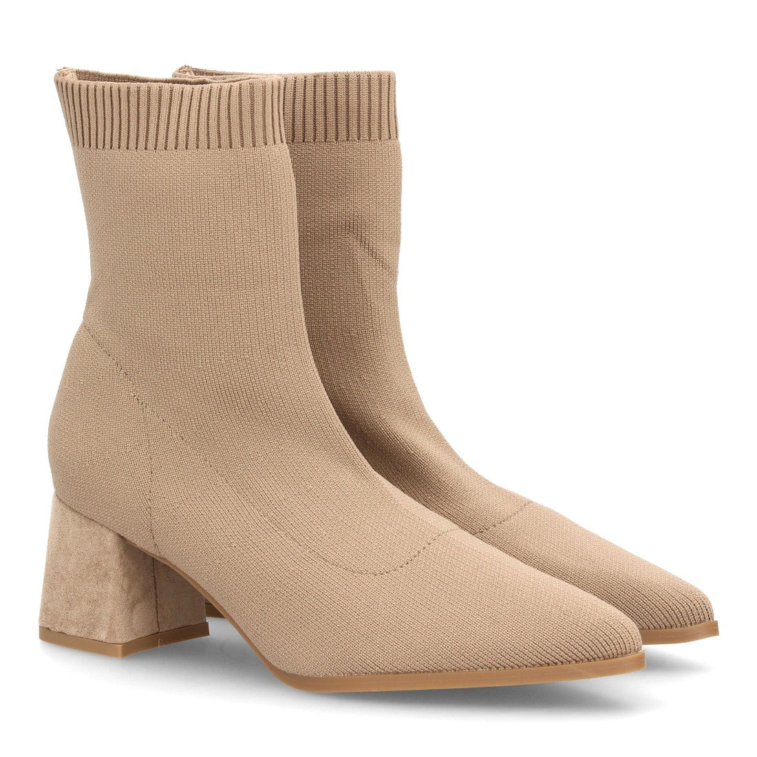 Botín kaki para mujer con caña elástica, punta fina y tacón ancho