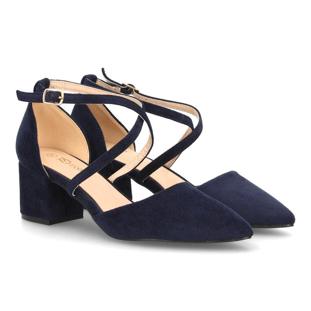 Zapatos de tacón medio azul marino con tiras cruzadas y hebilla al tobillo