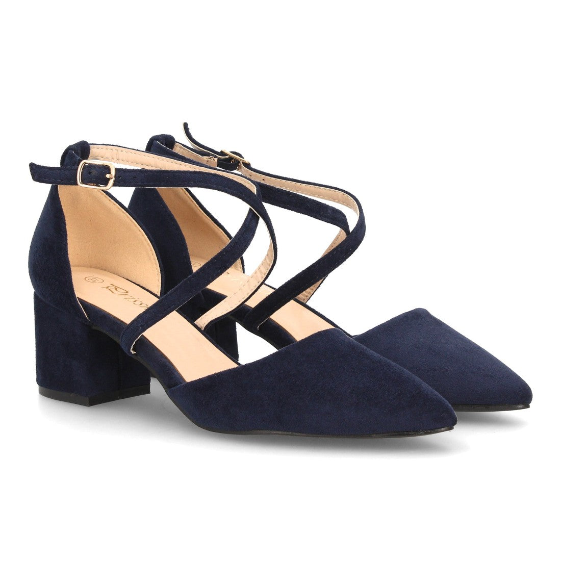 Zapatos de tacón medio azul marino con tiras cruzadas y hebilla al tobillo