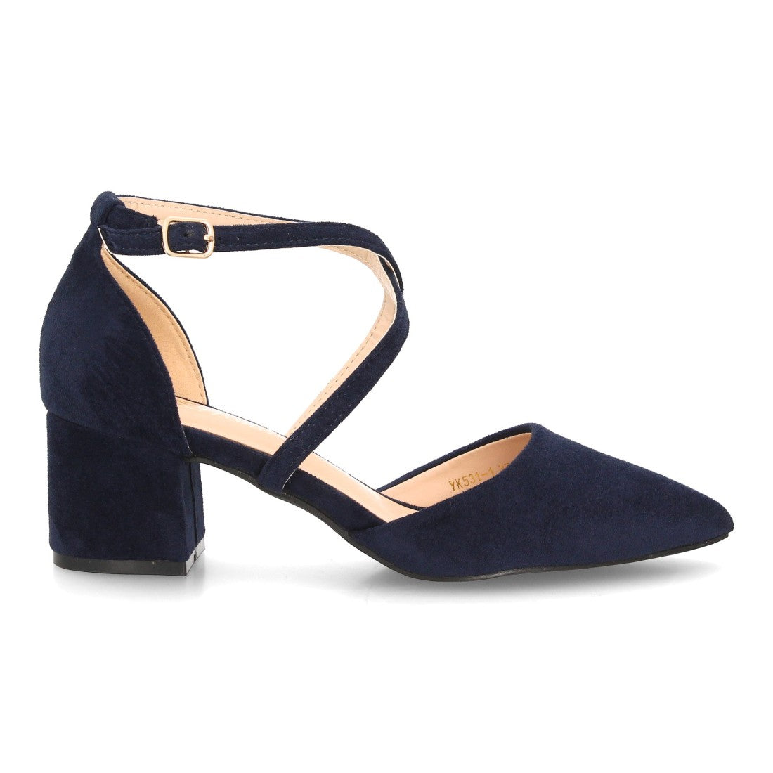 Zapatos de tacón medio azul marino con tiras cruzadas y hebilla al tobillo