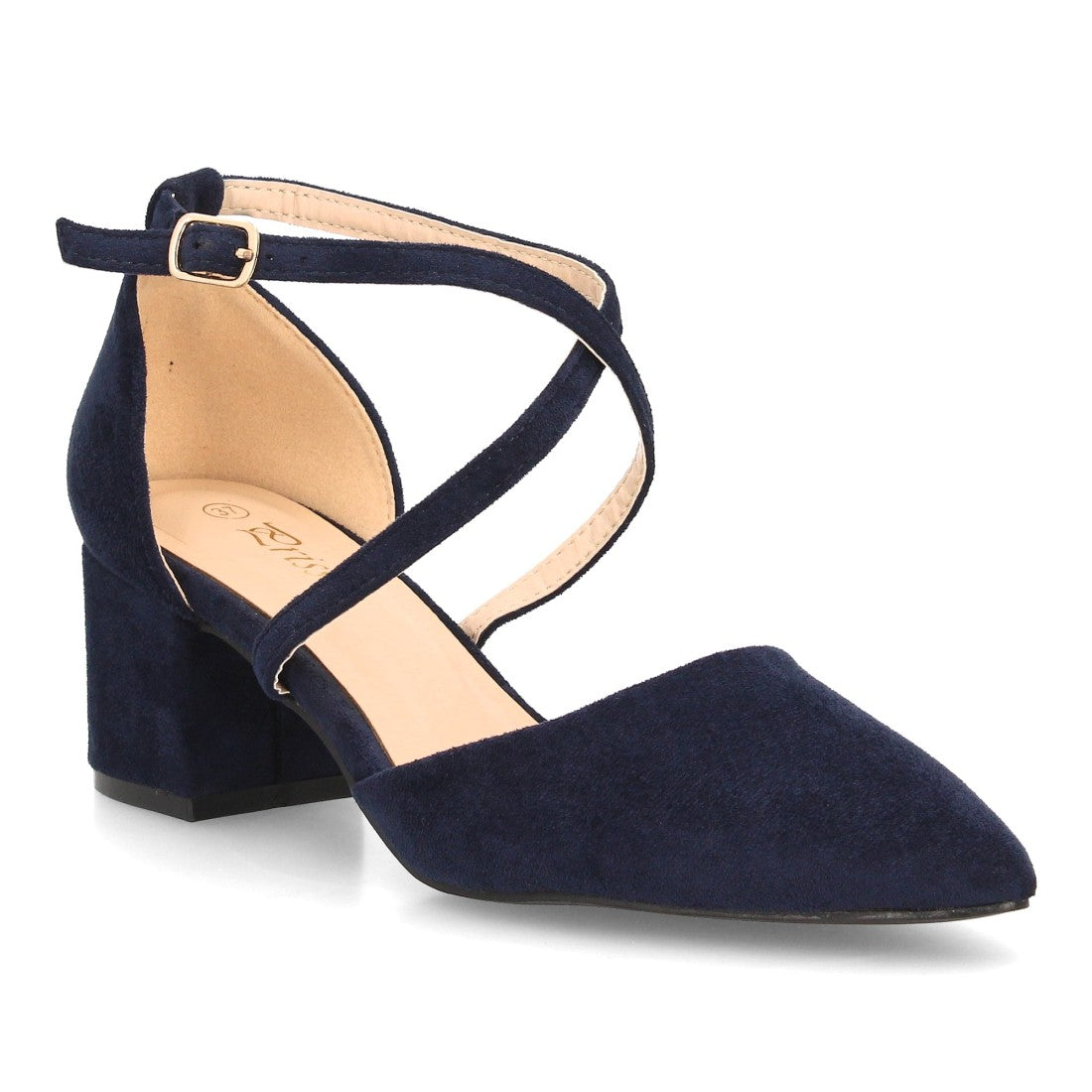 Zapatos de tacón medio azul marino con tiras cruzadas y hebilla al tobillo