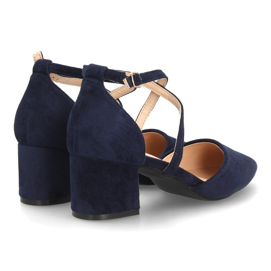 Zapatos de tacón medio azul marino con tiras cruzadas y hebilla al tobillo