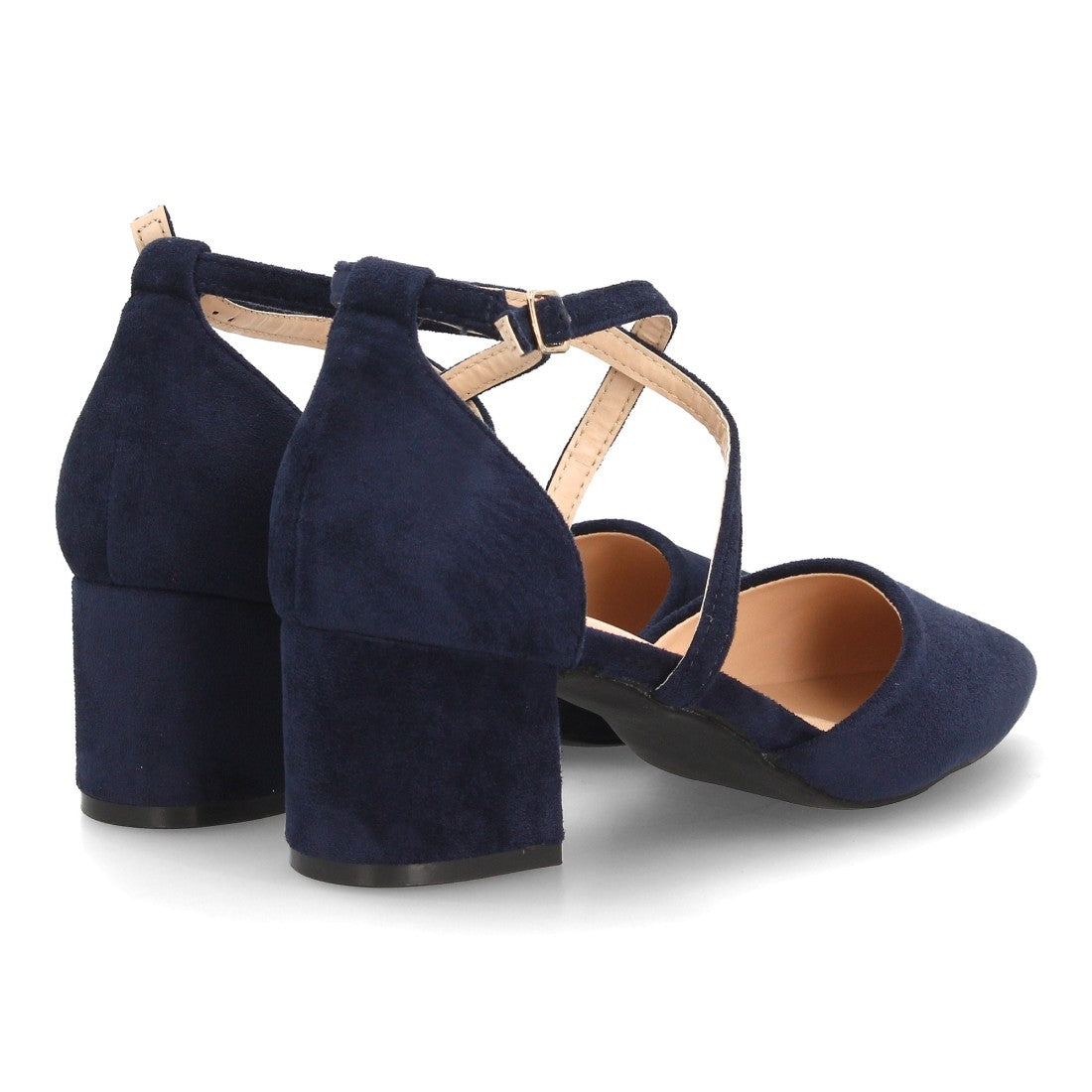 Zapatos de tacón medio azul marino con tiras cruzadas y hebilla al tobillo
