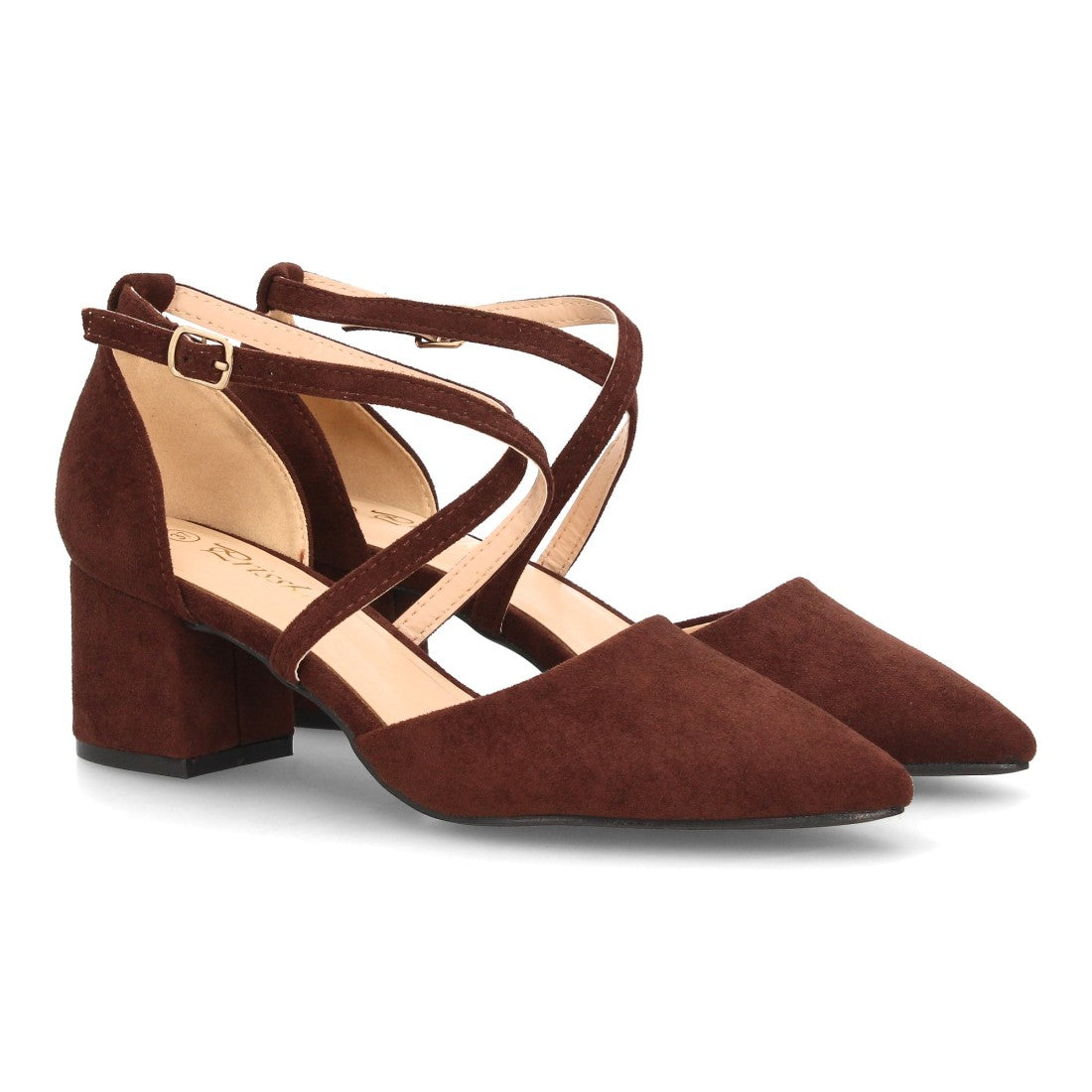 Zapatos de tacón medio color marrón con tiras cruzadas y talón cerrado