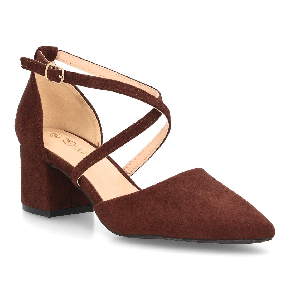 Zapatos de tacón medio color marrón con tiras cruzadas y talón cerrado