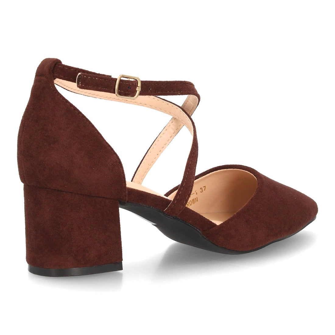 Zapatos de tacón medio color marrón con tiras cruzadas y talón cerrado