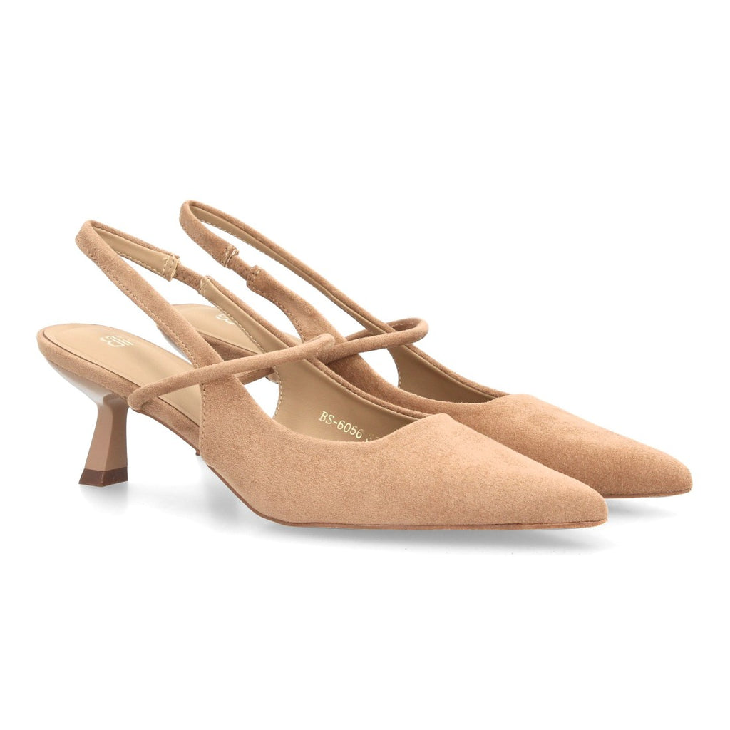 De salón beige para mujer con tacón bajo cómodo, punta fina y tira cruzada