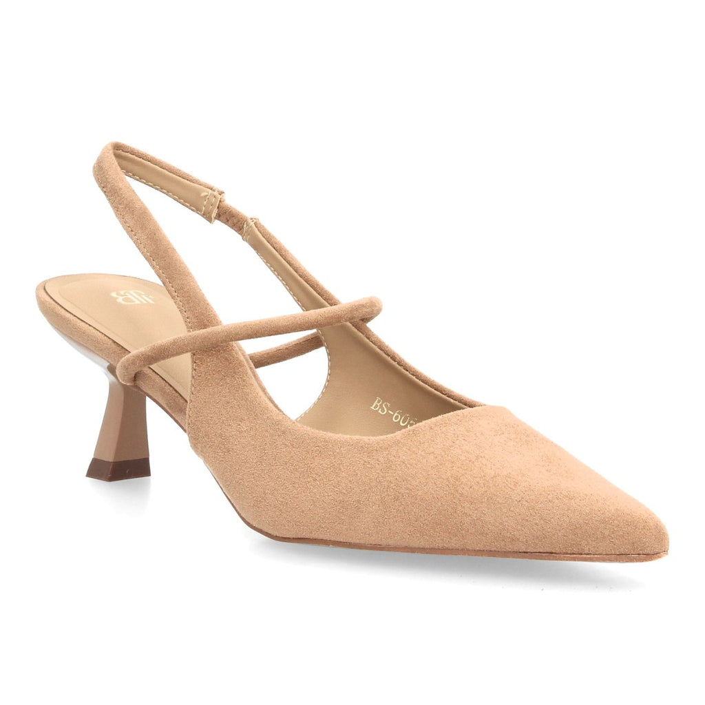 De salón beige para mujer con tacón bajo cómodo, punta fina y tira cruzada